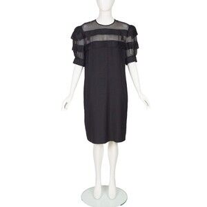 Albert Nipon 80s Vintage Black Linen Silk Chiffon Puff Sleeve Dress Sz L? Formal